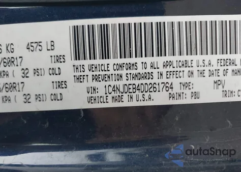 2013 Jeep Compass Latitude z USA, uszkodzony, nr VIN 1C4NJDEB4DD261764